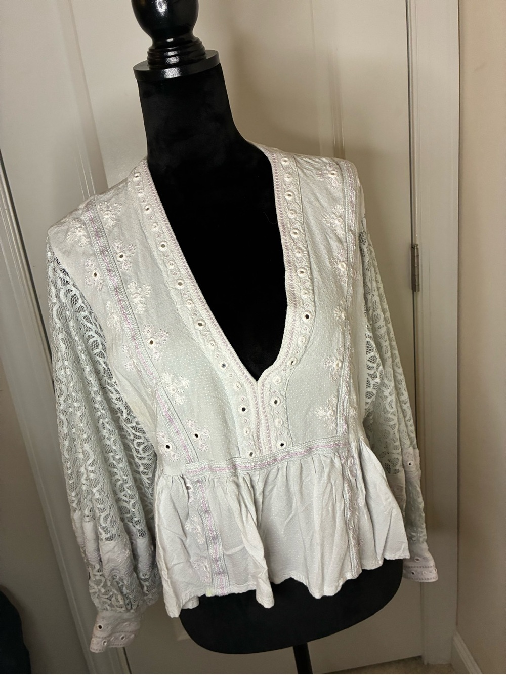 Free People Light Sage Green Lace V-Neck Peplum Blouse